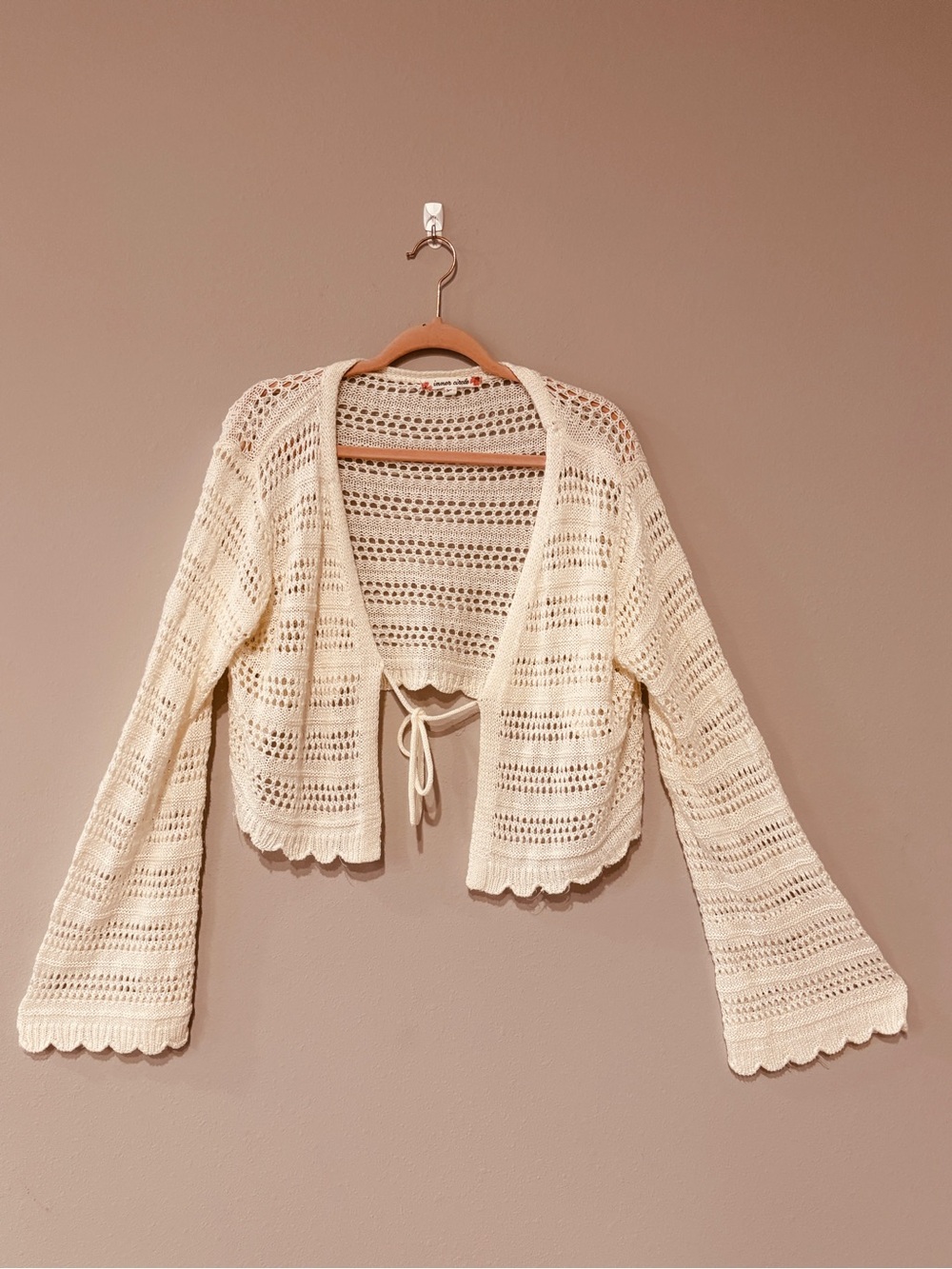 Crochet Tie-Front Open Cardigan in Cream Crochet Boho Festival Knit Feminine